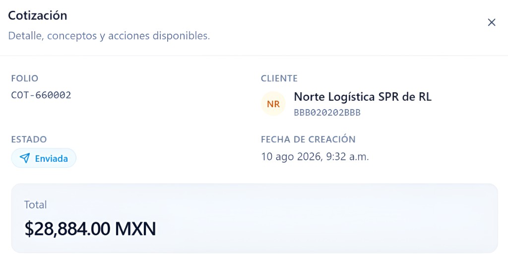 Detalle de cotización COT-660002 enviada a Norte Logística por $28,884.00 MXN